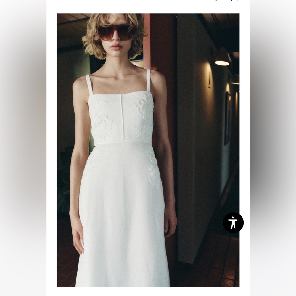Zara White Midi Dress with Square Neck and Spaghetti Straps